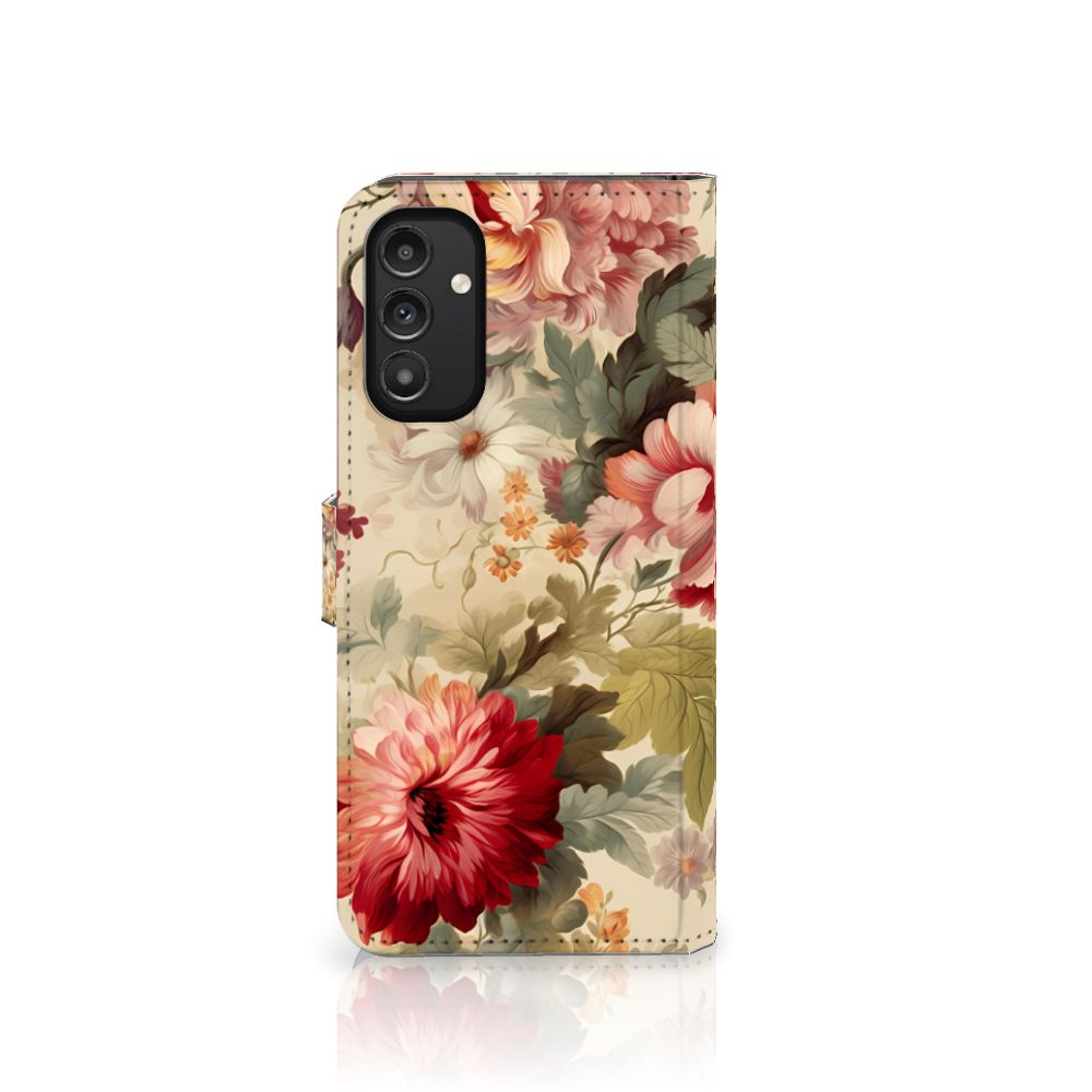 Hoesje voor Samsung Galaxy A14 4G Bloemen met kleurrijk bloemdesign en ruimte voor drie pasjes.