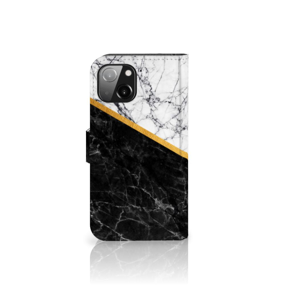 Apple iPhone 13 Bookcase Marmer Wit Zwart - Origineel Cadeau Man met luxe marmer en gouden details.