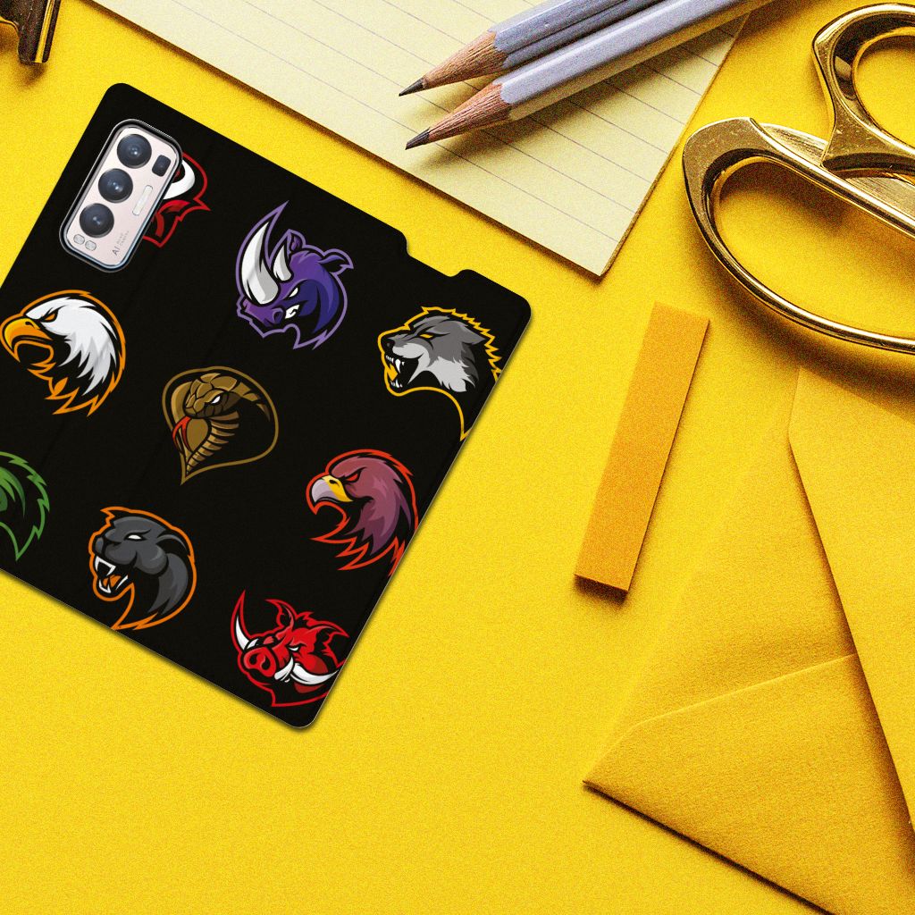 OPPO Find X3 Neo Magnet Case Cartoon design featuring various animal cartoons on a stylish black background.