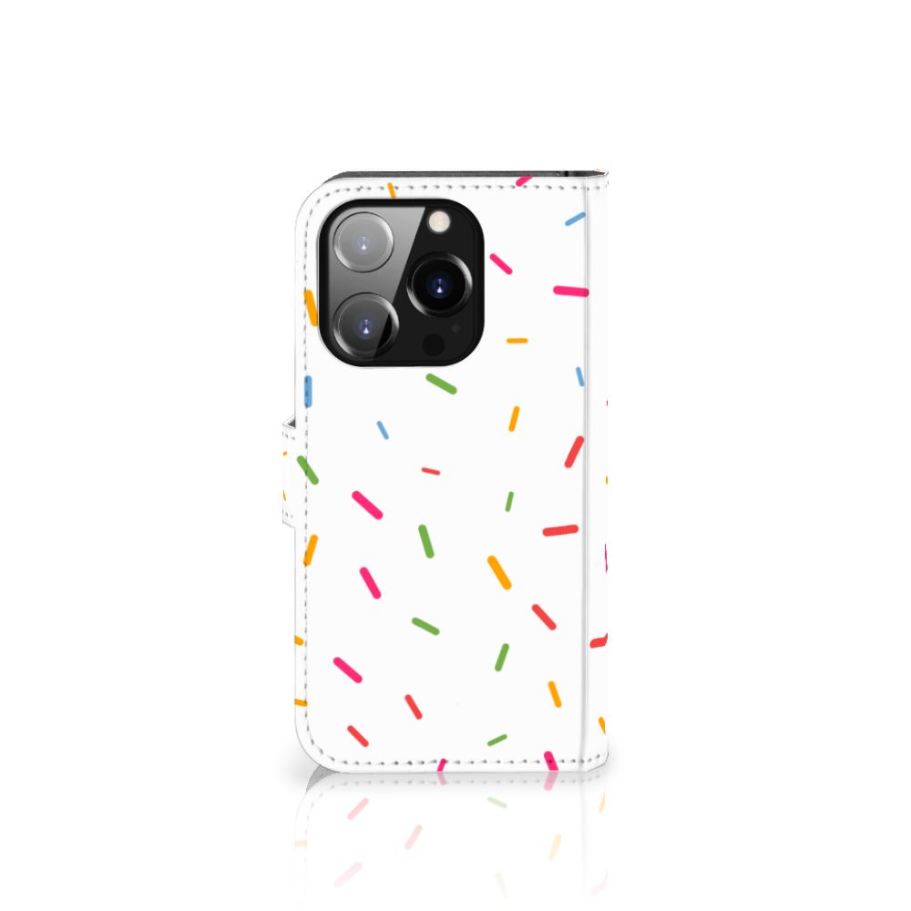iPhone 14 Pro Book Cover Donut Roze met vrolijke kleurige sprinkles en magnetische lipje als sluiting.