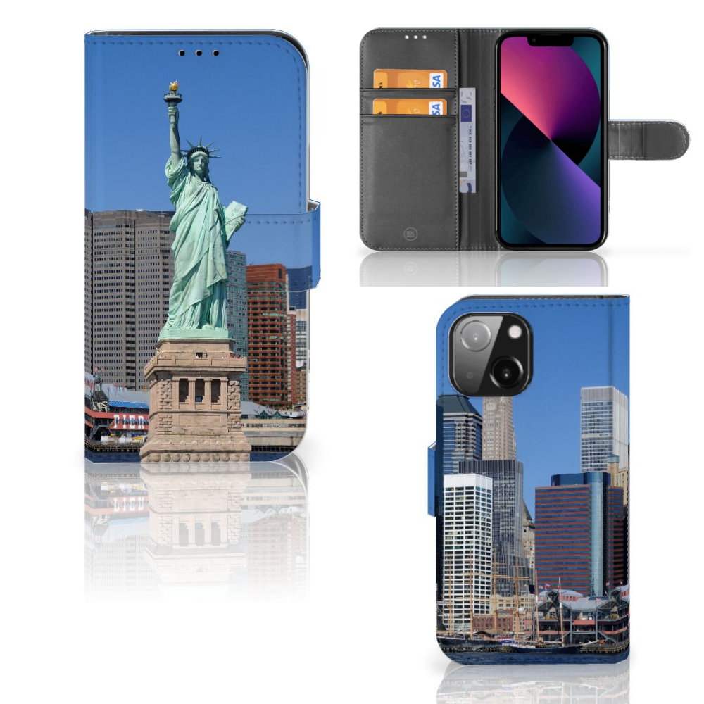 iPhone 13 Mini Flip Cover Vrijheidsbeeld met afbeelding van het Vrijheidsbeeld en stadsgeschiedenis.