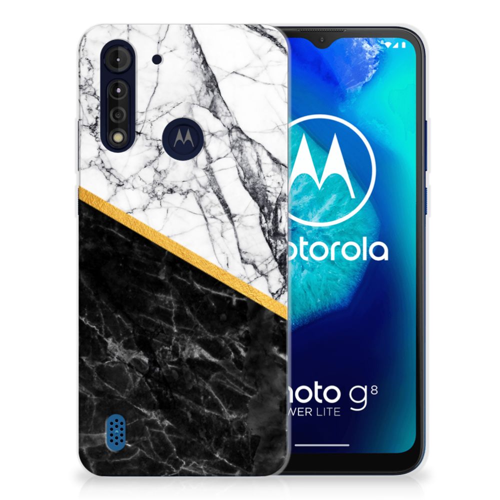Motorola Moto G8 Power Lite TPU Siliconen Hoesje Marmer Wit Zwart - Origineel Cadeau Man B2C Telecom
