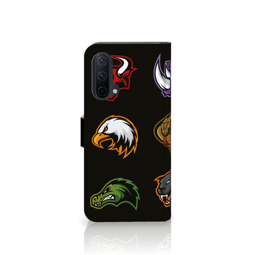 OnePlus Nord CE 5G Leuk Hoesje Cartoon met dierenlogo's op een zwarte achtergrond.