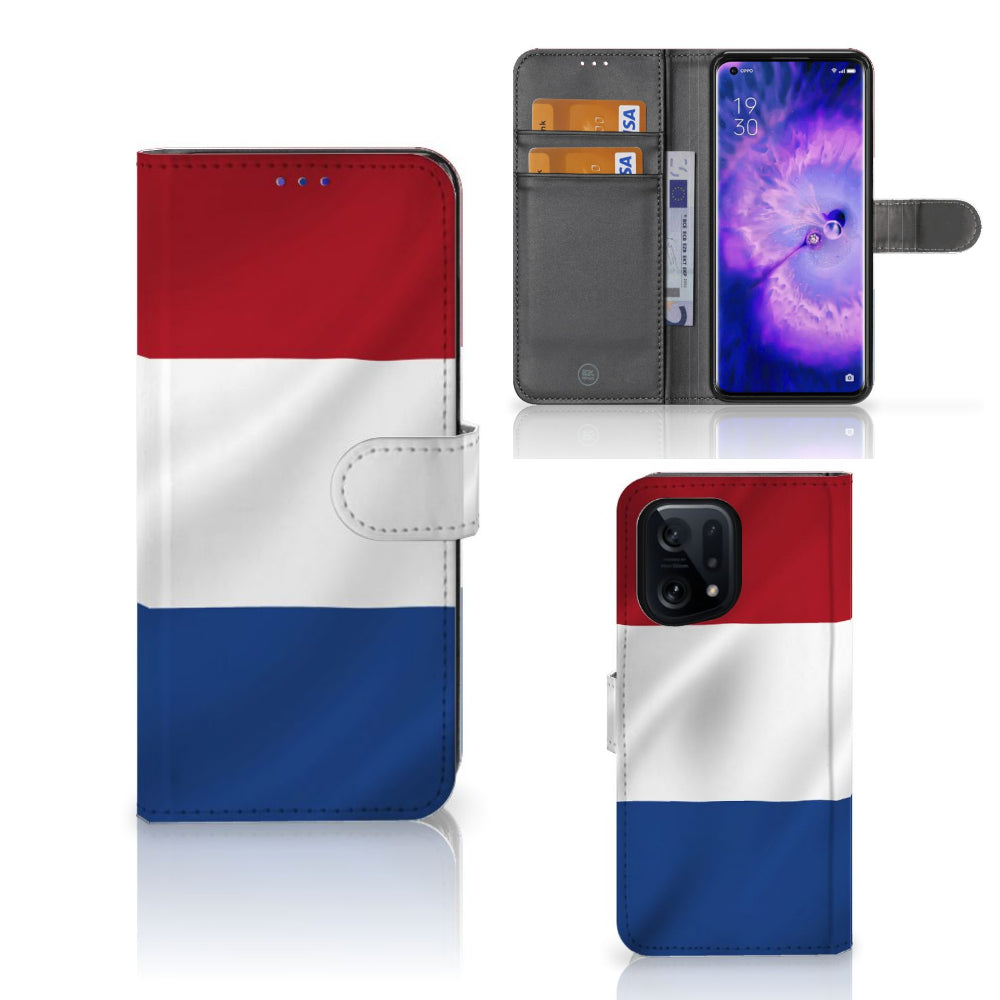 OPPO Find X5 Bookstyle Case Nederlandse Vlag met artistiek design van de Nederlandse vlag en ruimte voor pasjes.