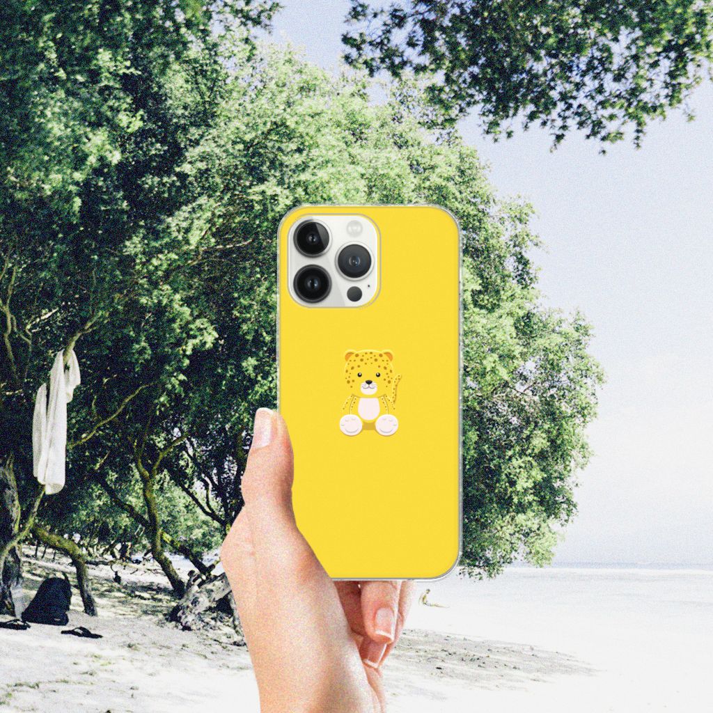 iPhone 13 Pro Max Telefoonhoesje met Naam Baby Leopard, vrolijk geel ontwerp met schattige baby leeuw