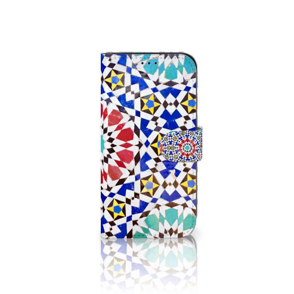 Apple iPhone 13 Bookcase Mozaïek met kleurrijk geometrisch design, perfect voor stijl en bescherming.