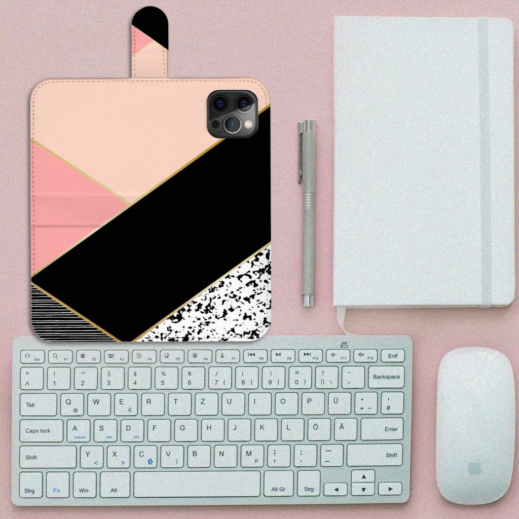 Apple iPhone 12 Pro Max Book Case Zwart Roze Vormen