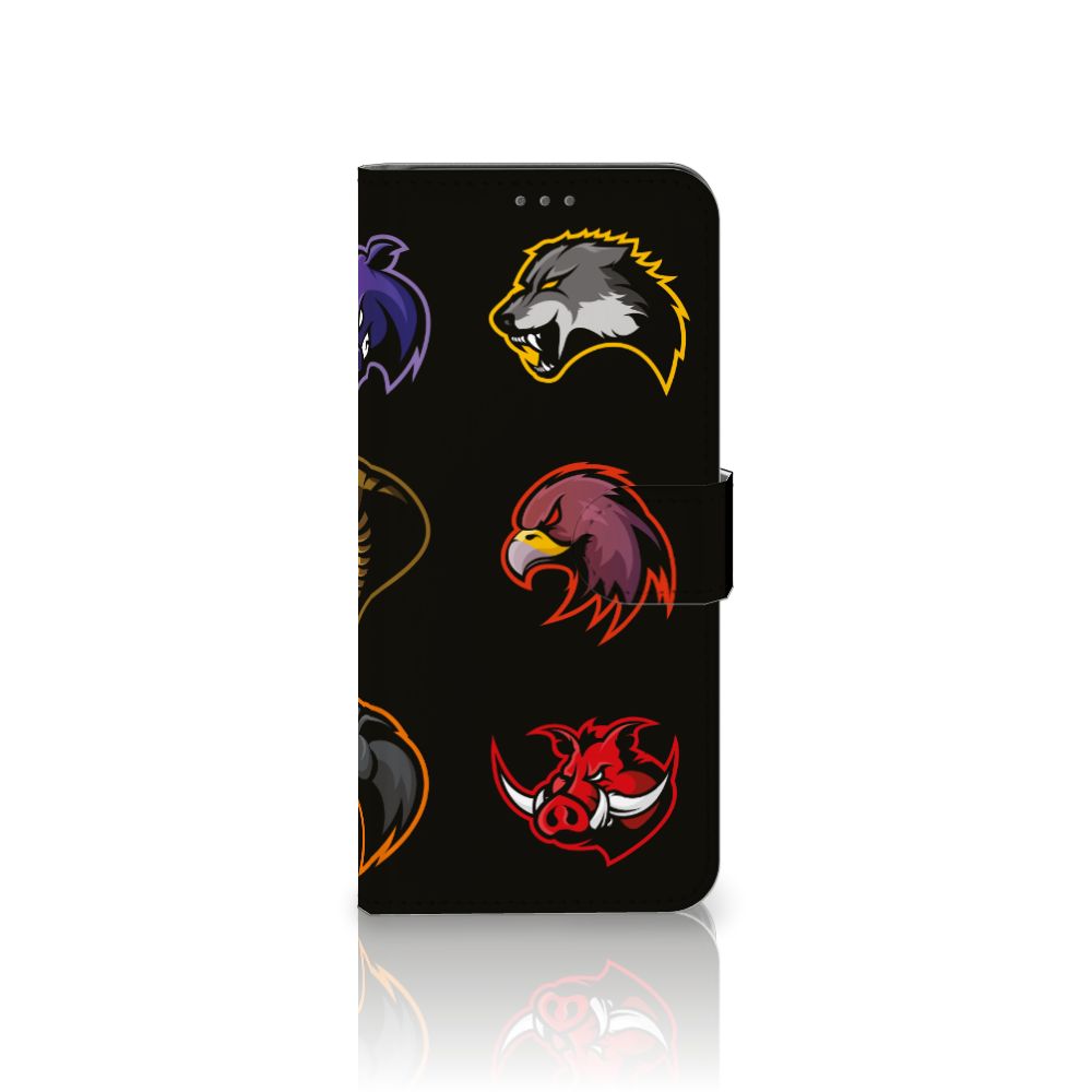 Samsung Galaxy S21 Plus Leuk Hoesje Cartoon met kleurrijke cartoon dieren en symbolen op een zwart achtergrond.