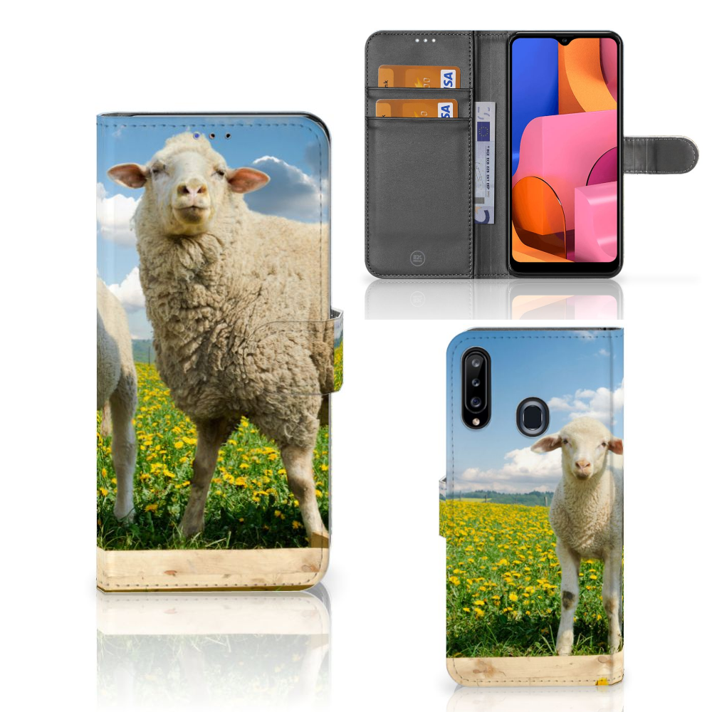 Samsung Galaxy A20s Telefoonhoesje met Pasjes Schaap en Lammetje