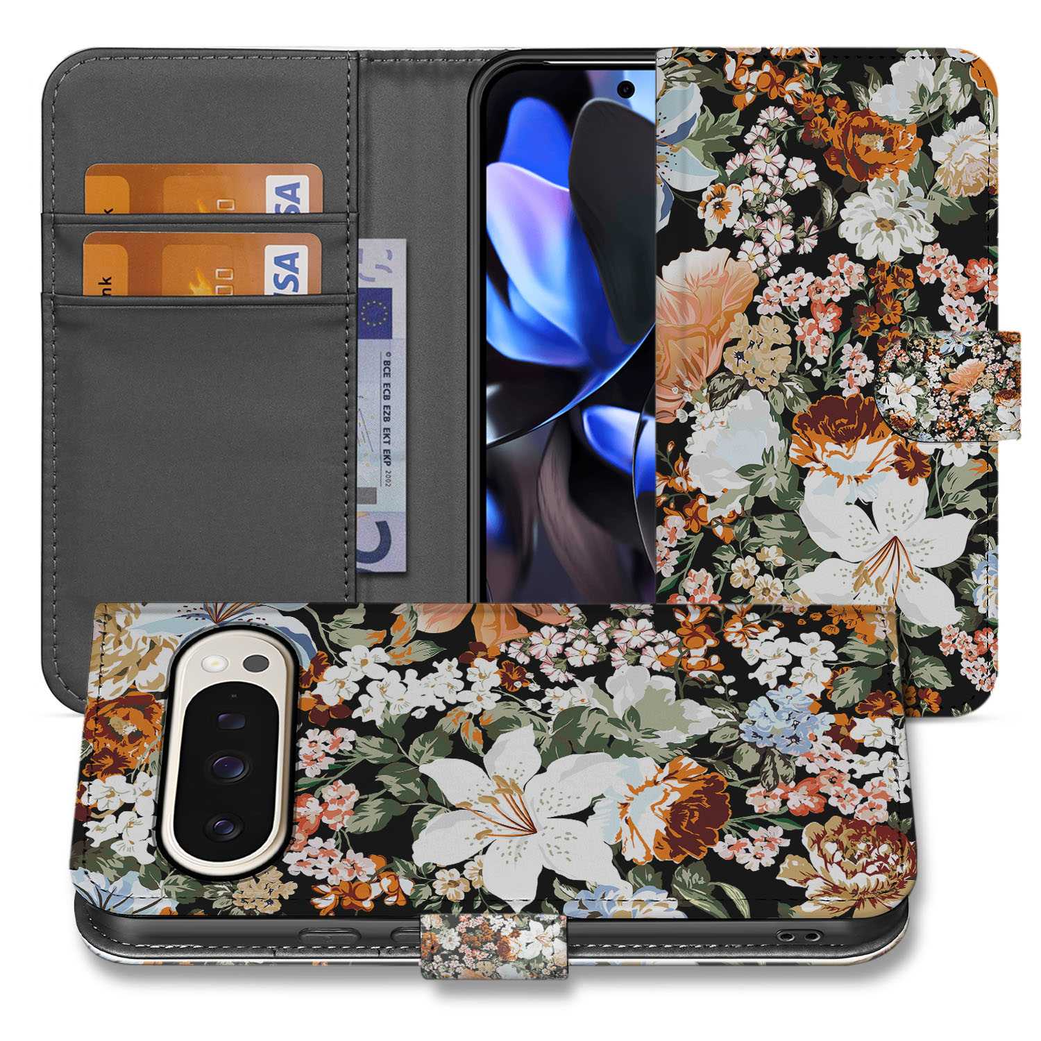 Dark Flowers Google Pixel 10 Pro Book Case boekhoes design bloemen vooraanzicht