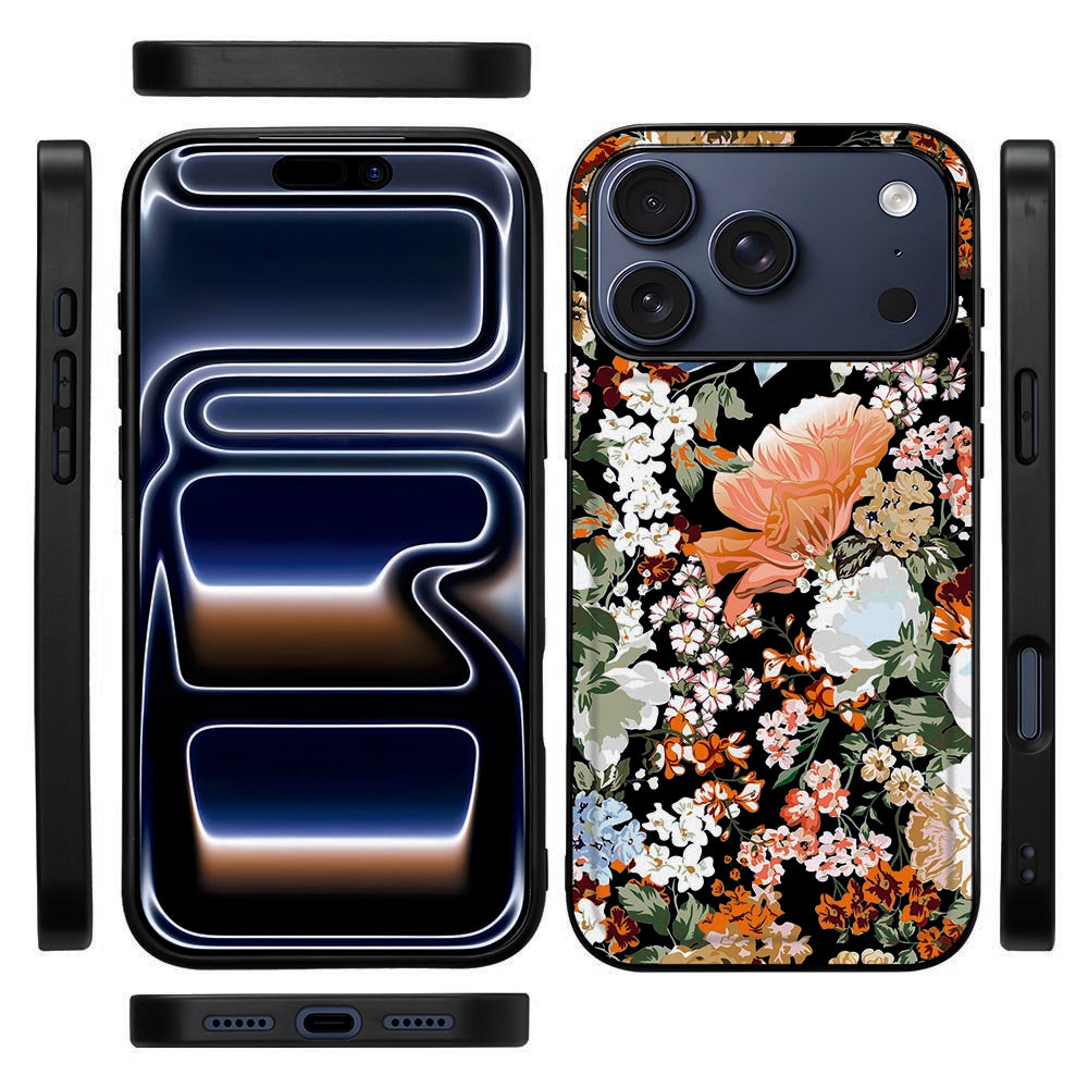 Dark Flowers back cover voor iPhone 18 Pro van de zijkant, zwarte TPU-rand zichtbaar