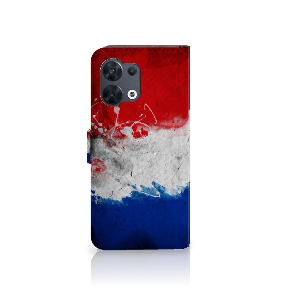 OPPO Reno8 Bookstyle Case Nederland met artistiek ontwerp van de Nederlandse vlag.