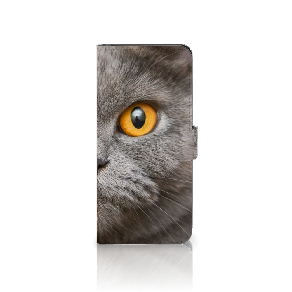 Telefoonhoesje met Pasjes Samsung Galaxy M14 Britse Korthaar, met indrukwekkende kat ogen op de voorkant.