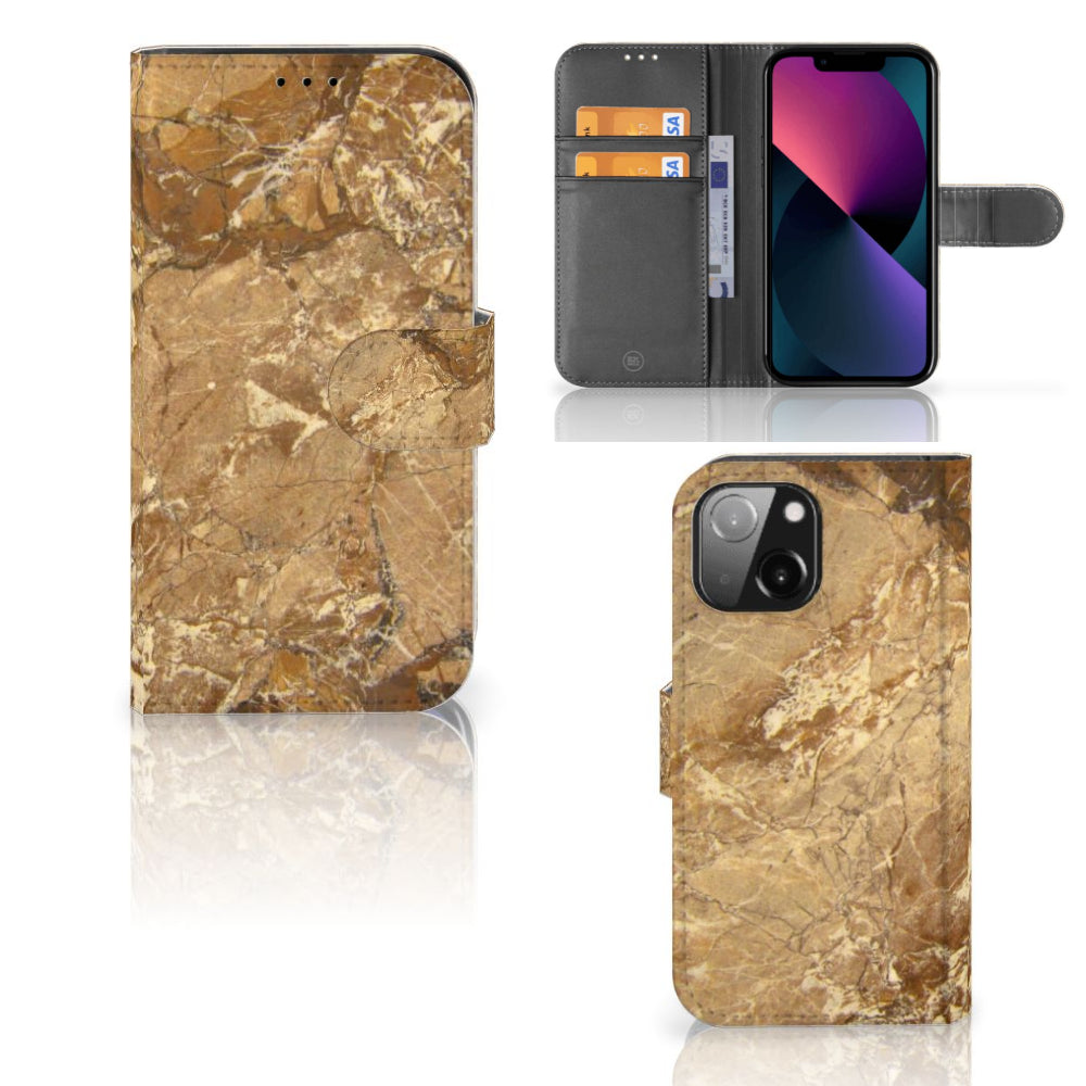 iPhone 13 Mini Bookcase Marmer Creme, luxe hoesje met marmerdesign en pasjeshouder