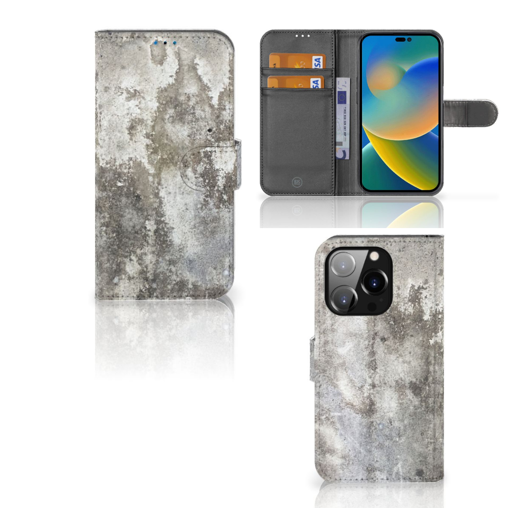 iPhone 14 Pro Bookcase Beton Print met realistische betonlook en ruimte voor kaarten.