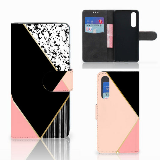 Huawei P30 Book Case Zwart Roze Vormen