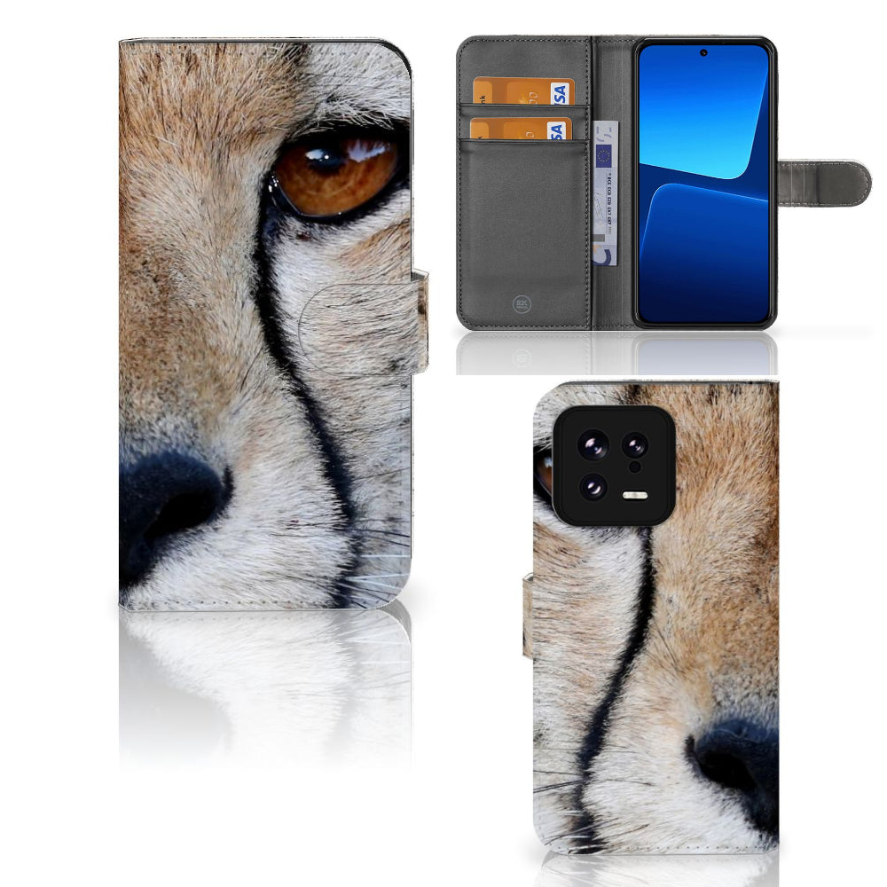 Xiaomi 13 Telefoonhoesje met Pasjes Cheetah met close-up van cheeta oog en interieur met pasjes ruimte