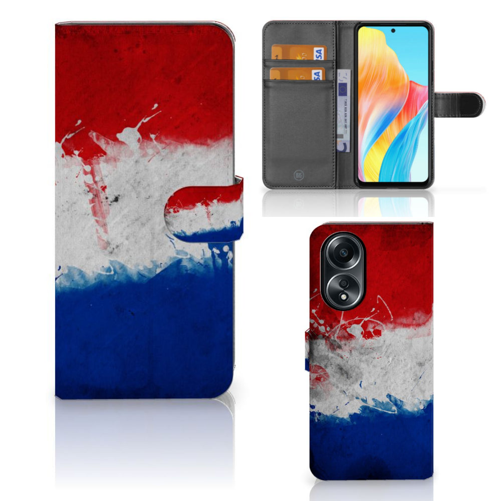 OPPO A58 4G Bookstyle Case Nederland met design van de Nederlandse vlag en ruimte voor pasjes.