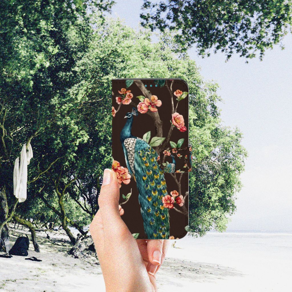 Samsung Galaxy A73 5G Telefoonhoesje met Pasjes Pauw met Bloemen