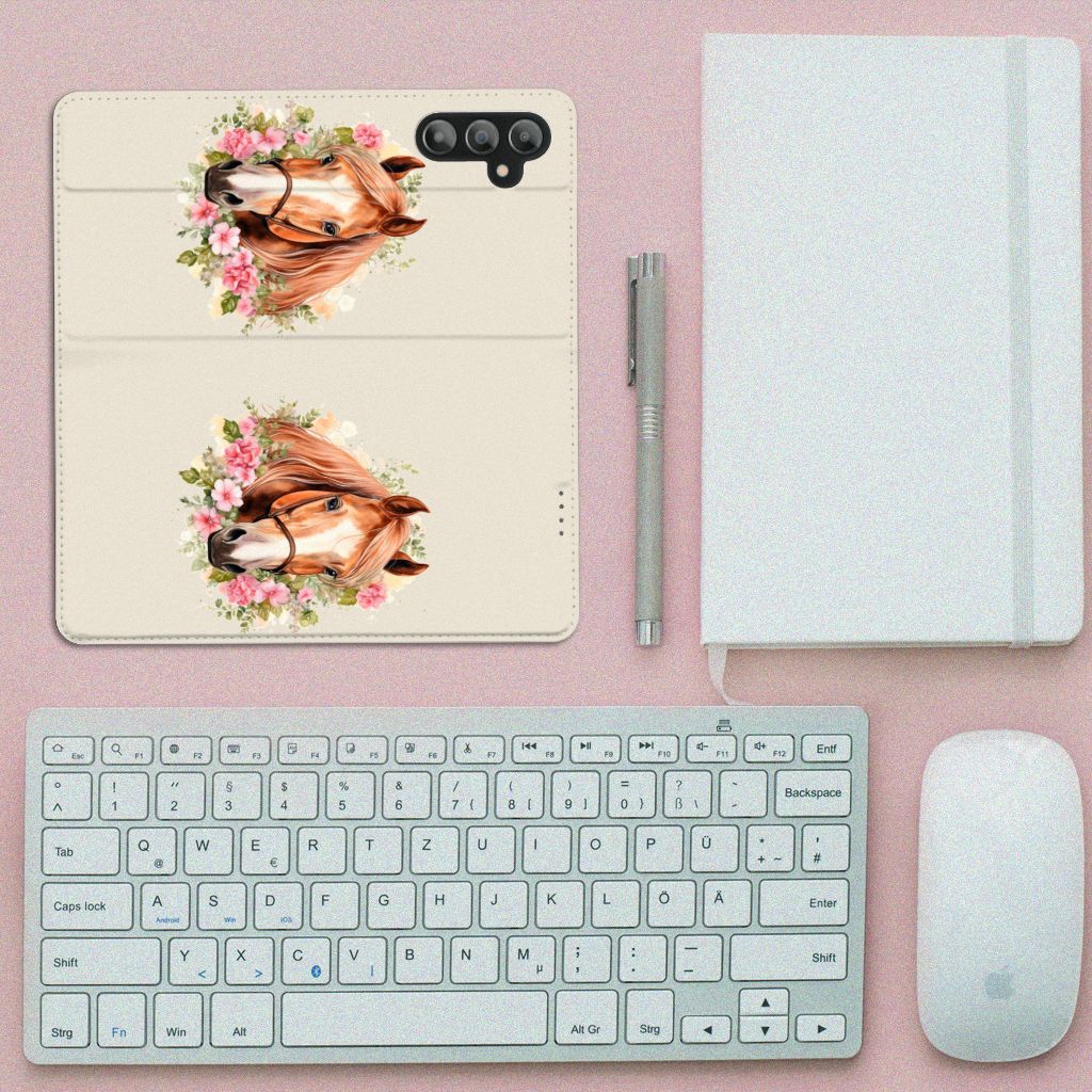 Hoesje maken voor Samsung Galaxy A14 4G Paard, met paard en bloemenprint, trendy design.