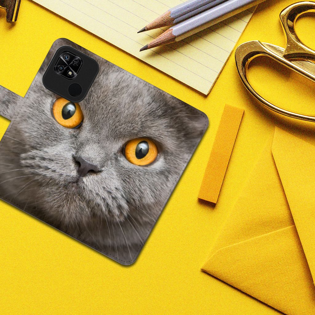 Telefoonhoesje met Pasjes Xiaomi Redmi 10C Britse Korthaar met afbeelding van een Britse korthaar kat.