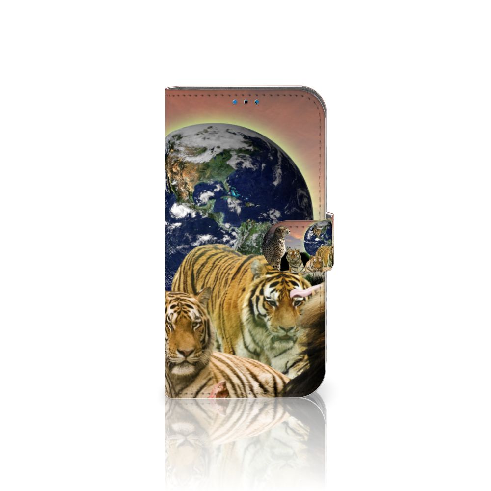 iPhone 14 Pro Telefoonhoesje met Pasjes Roofdieren met tijgers en wereldbol, uniek en stoer design.