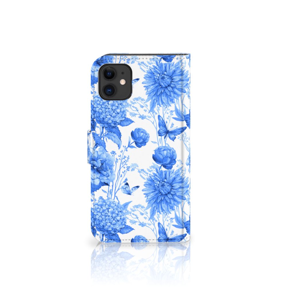 Hoesje voor Apple iPhone 11 Flowers Blue met blauw bloemen design en handige pasjeshouder.