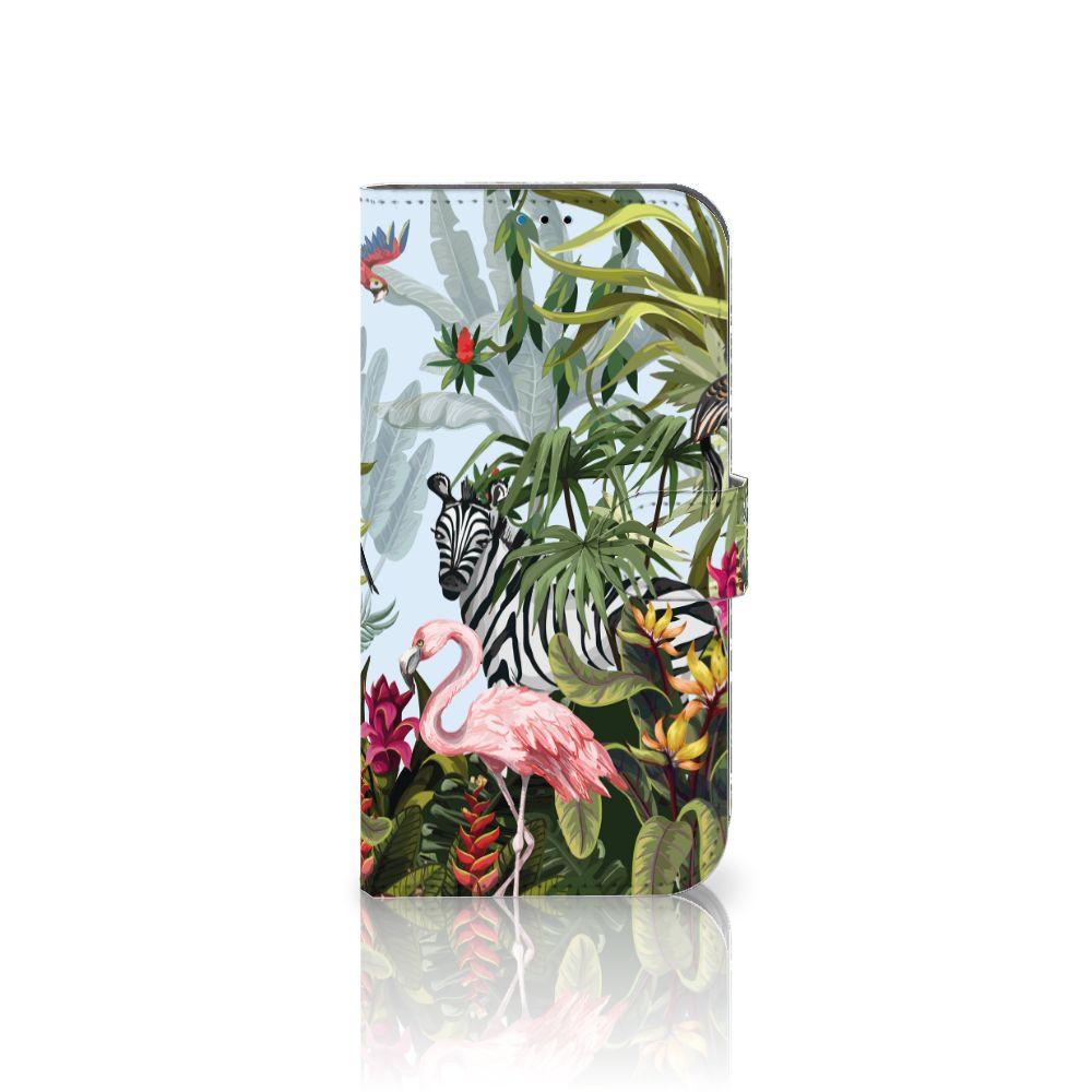 Telefoonhoesje met Pasjes voor iPhone 14 Pro Max Jungle met zebra 🦓 en flamingo 🌺 op een tropische achtergrond.