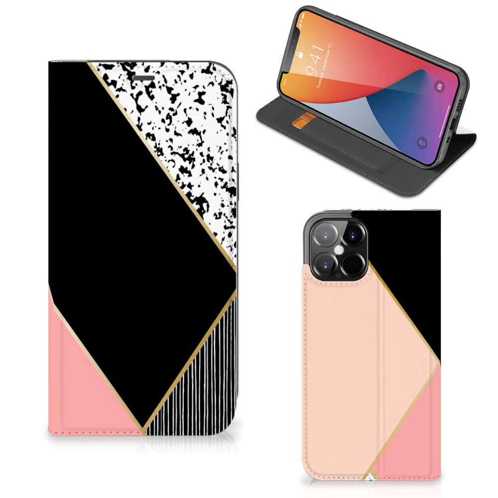 iPhone 12 Pro Max Stand Case Zwart Roze Vormen - B2C Telecom
