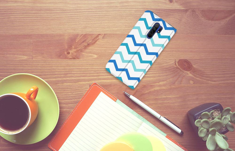 Xiaomi Redmi 9 Hoesje met Magneet Zigzag Blauw - B2C Telecom