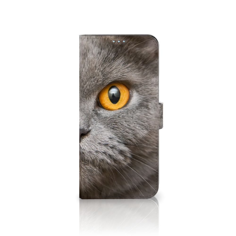 Telefoonhoesje met Pasjes Motorola Moto G9 Power Britse Korthaar met indrukwekkende kat met gele ogen.