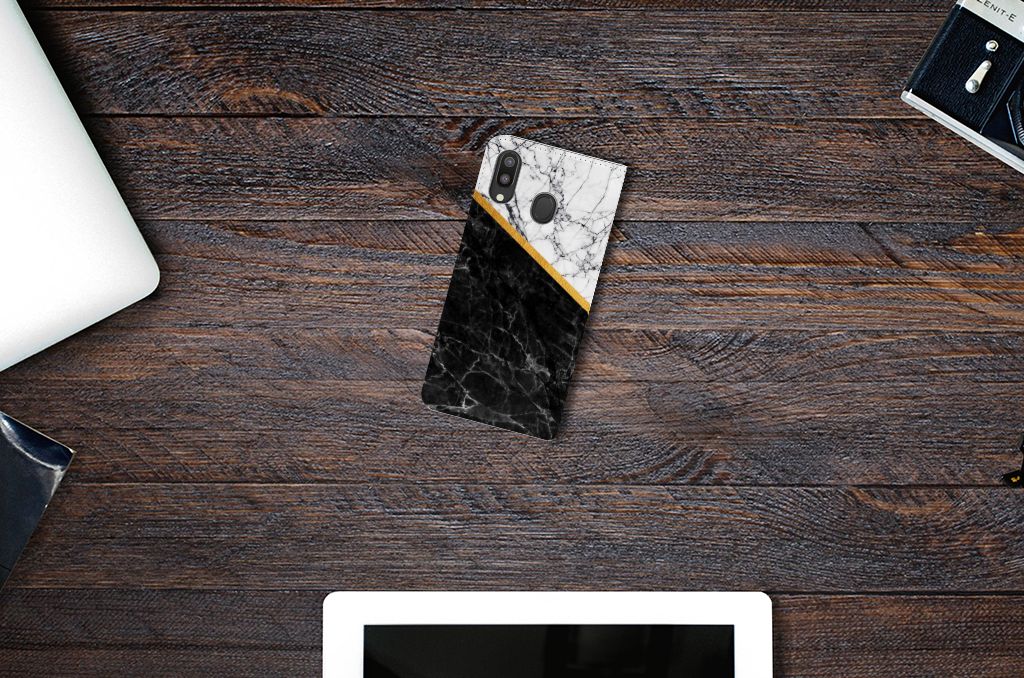 Samsung Galaxy M20 Standcase Marmer Wit Zwart - Origineel Cadeau Man