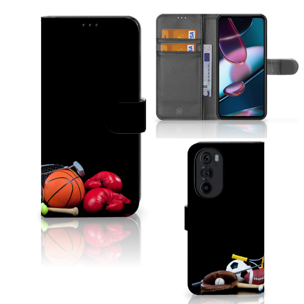 Motorola Edge 30 Pro Wallet Case met Pasjes Sports met sportafbeeldingen zoals basketbal en bokshandschoenen.