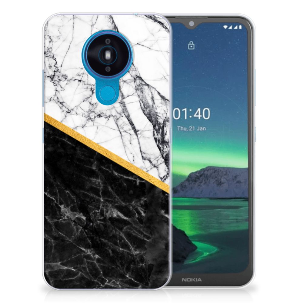 Nokia 1.4 TPU Siliconen Hoesje Marmer Wit Zwart - Origineel Cadeau Man