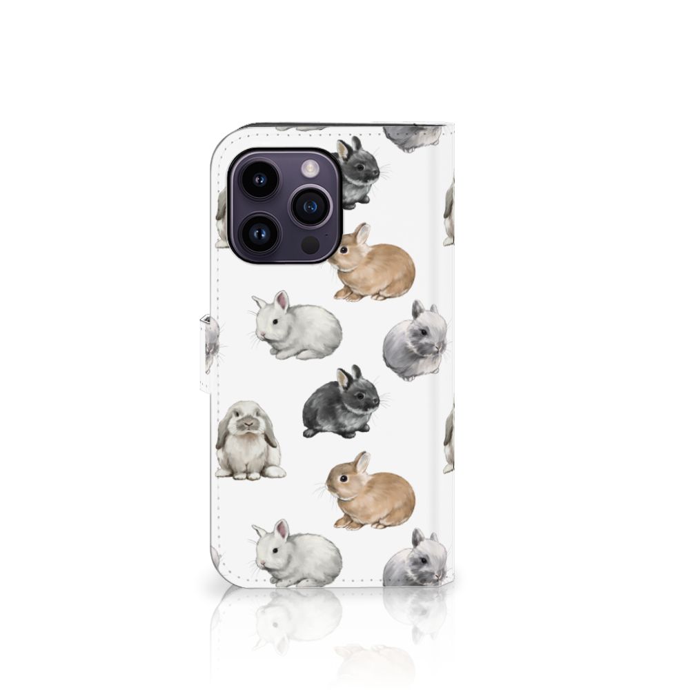 Telefoonhoesje met Pasjes voor iPhone 15 Pro Max Konijntjes met schattige konijntjes op een witte achtergrond.