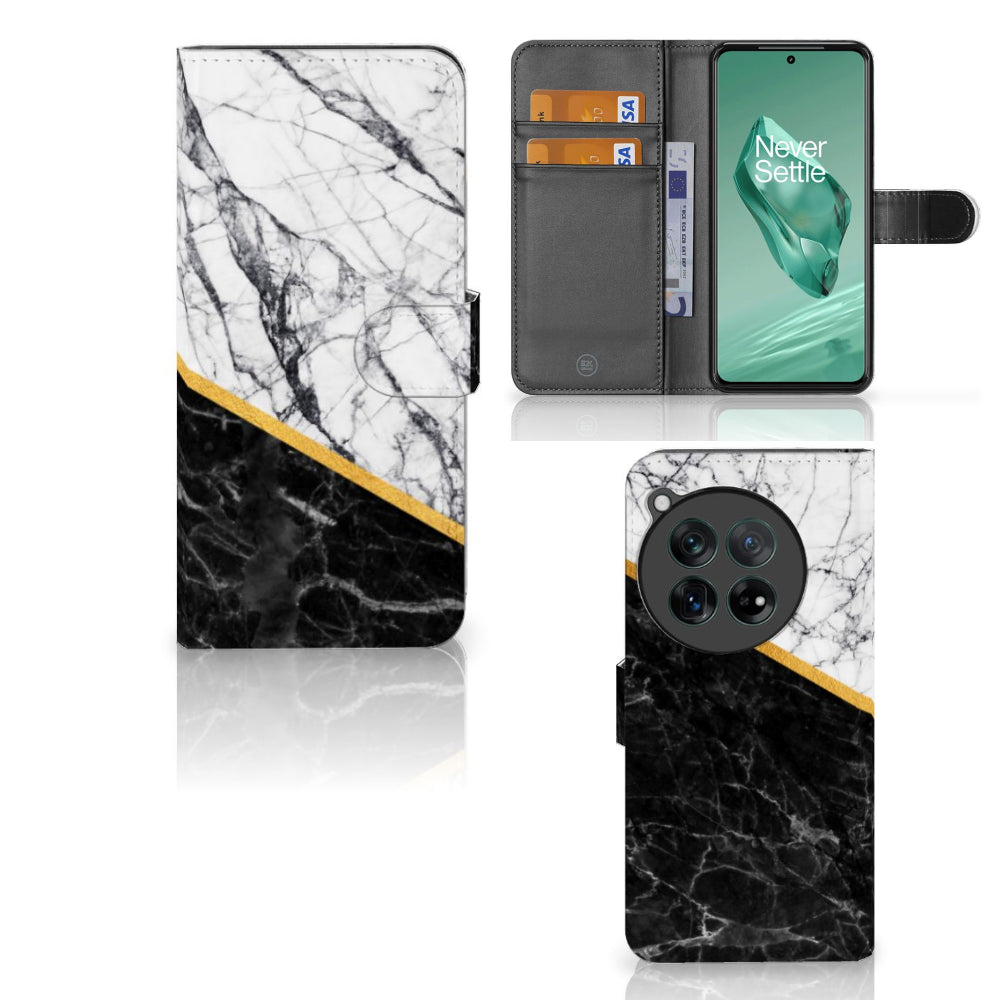 OnePlus 12 Bookcase Marmer Wit Zwart - Origineel Cadeau Man
