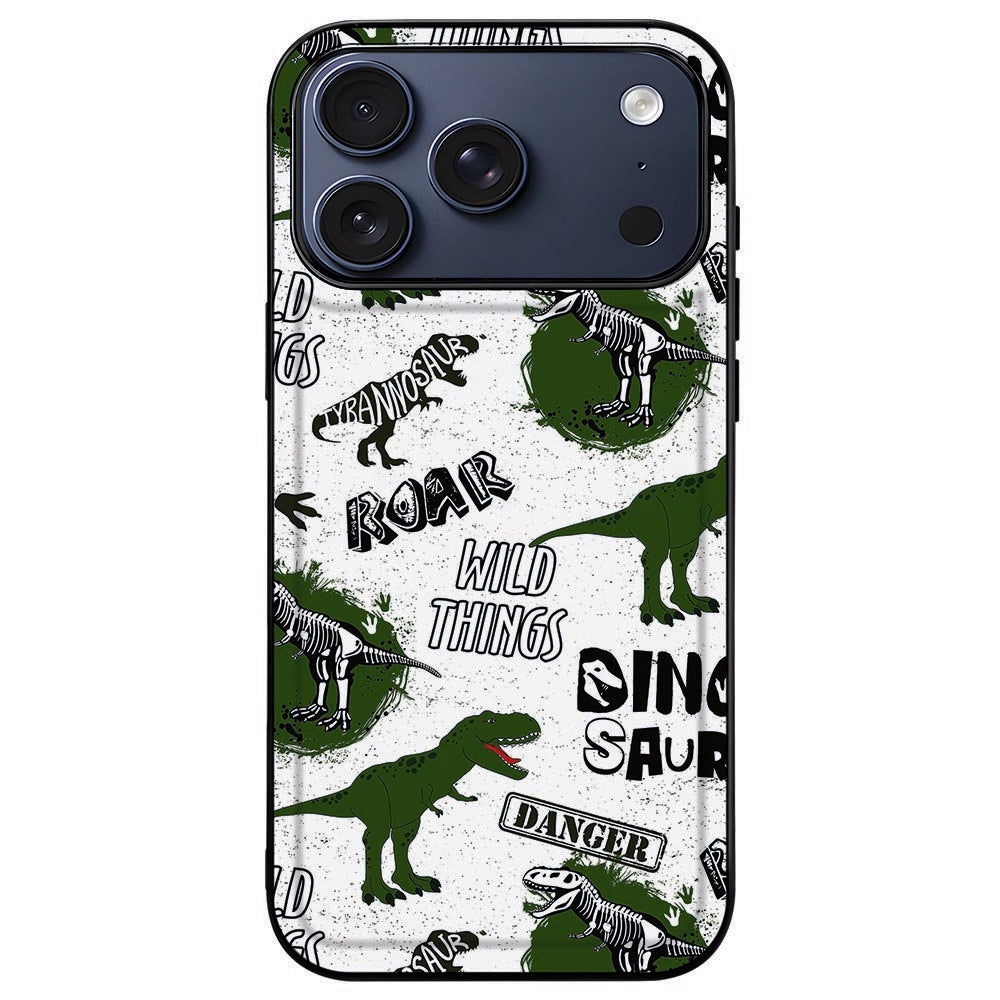 iPhone 18 Pro met Dinosaurus back cover erom, achterkant met camera-eiland
