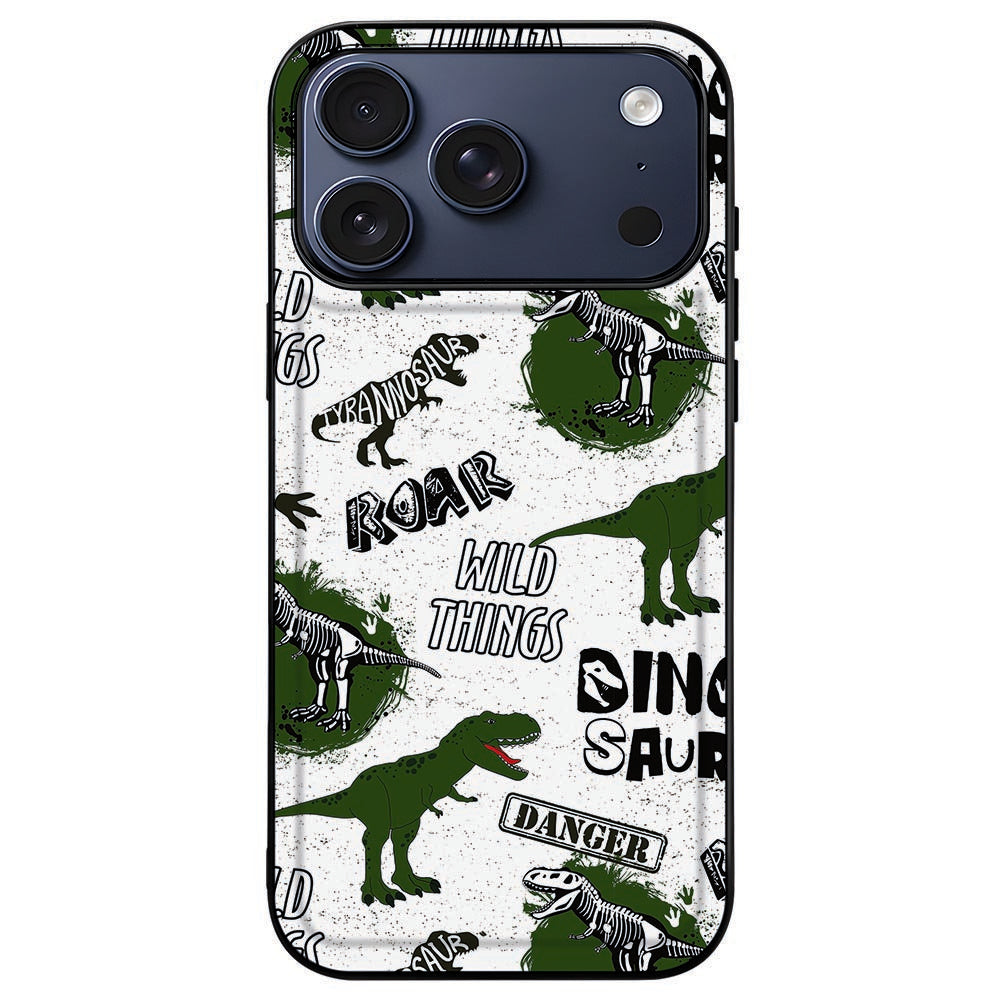 iPhone 18 Pro Max met het Dinosaurus hoesje om, groen-witte print in een zwart kader