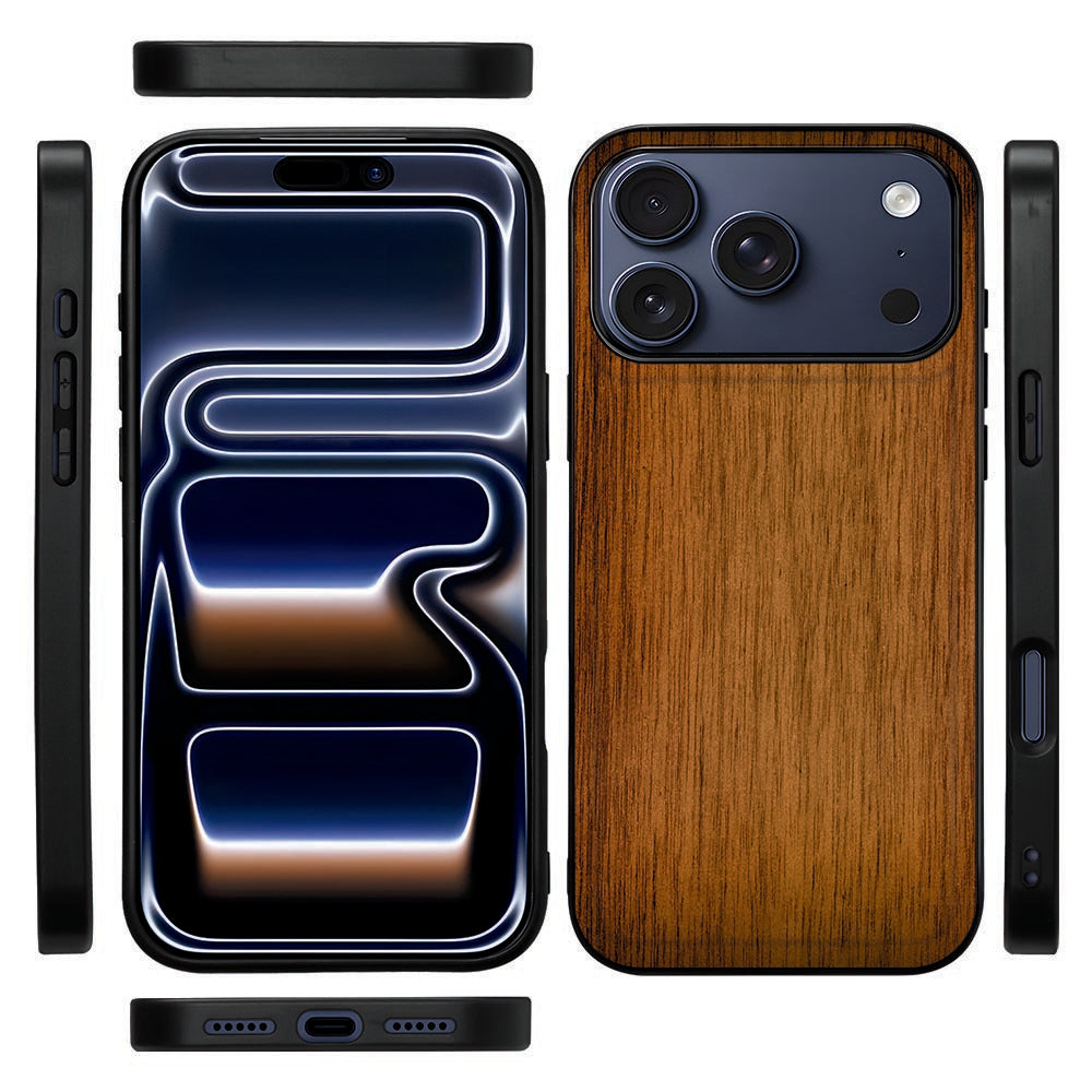 Zwarte randen van het Donker Hout iPhone 18 Pro hoesje gezien vanaf de zijkant