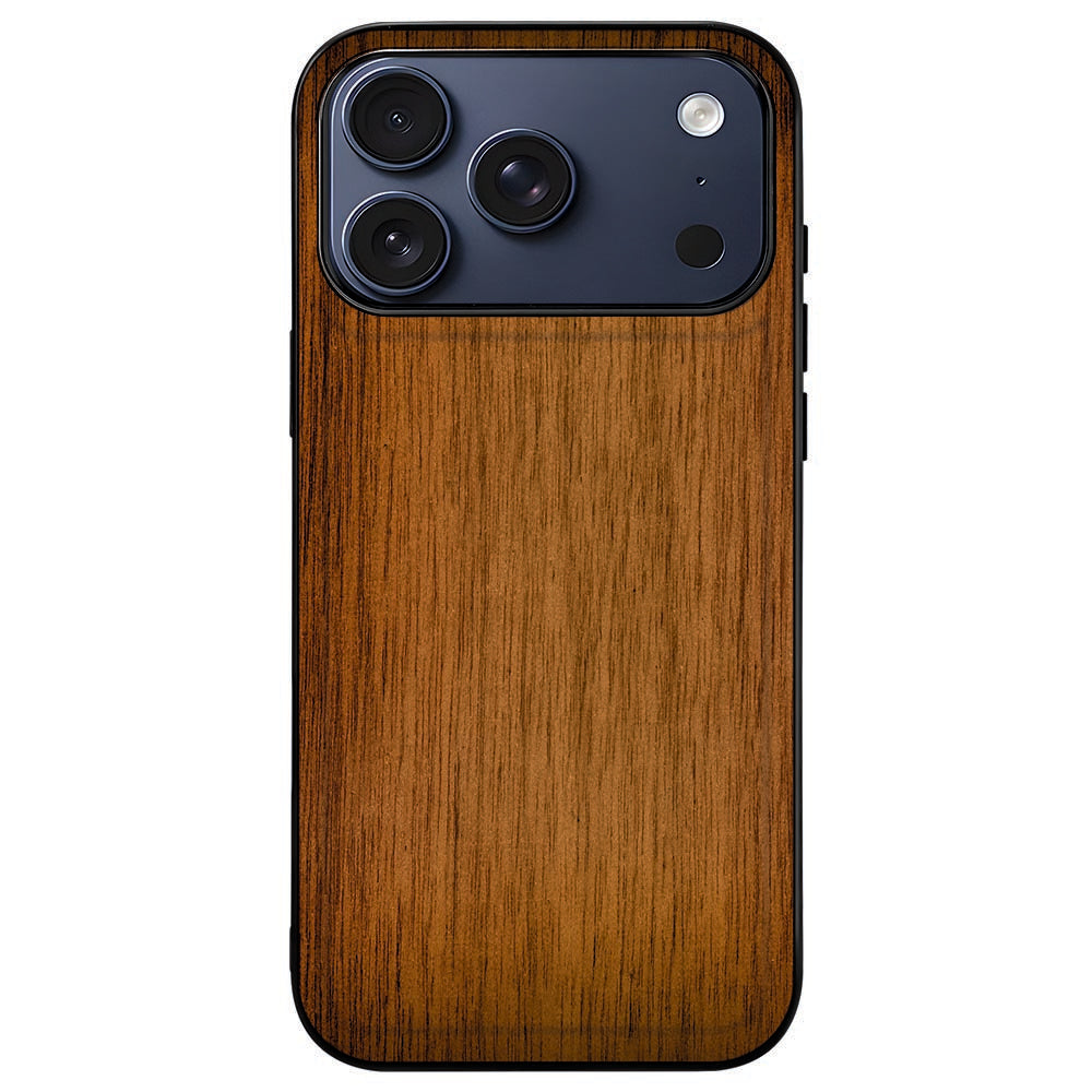 iPhone 18 Pro in de Donker Hout back cover, achterkant met bruine houtprint