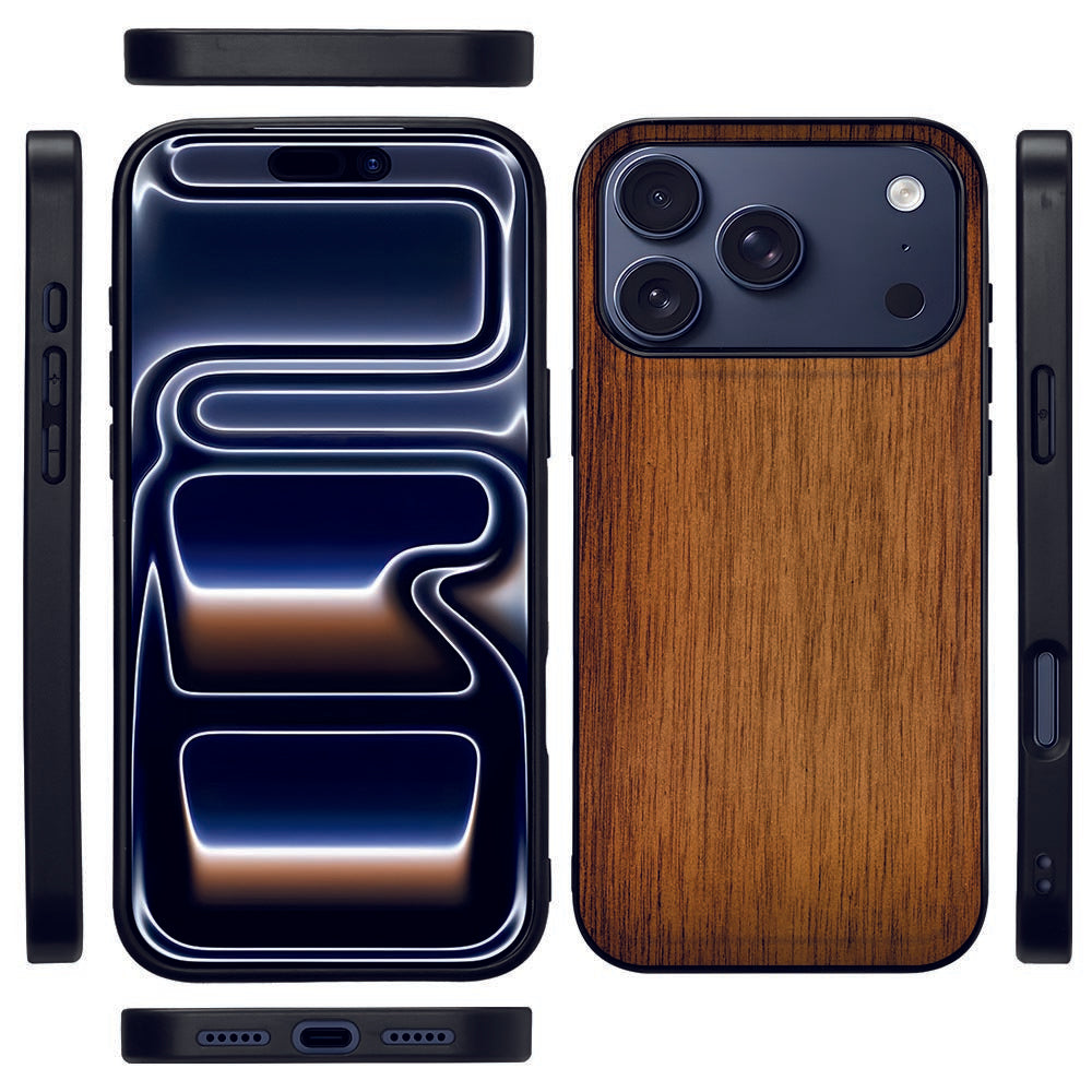 Donker Hout Apple iPhone 17 Pro Max TPU Hoesje Met Natuurlijke Houttint Bescherming voorkant achterkant zijkanten