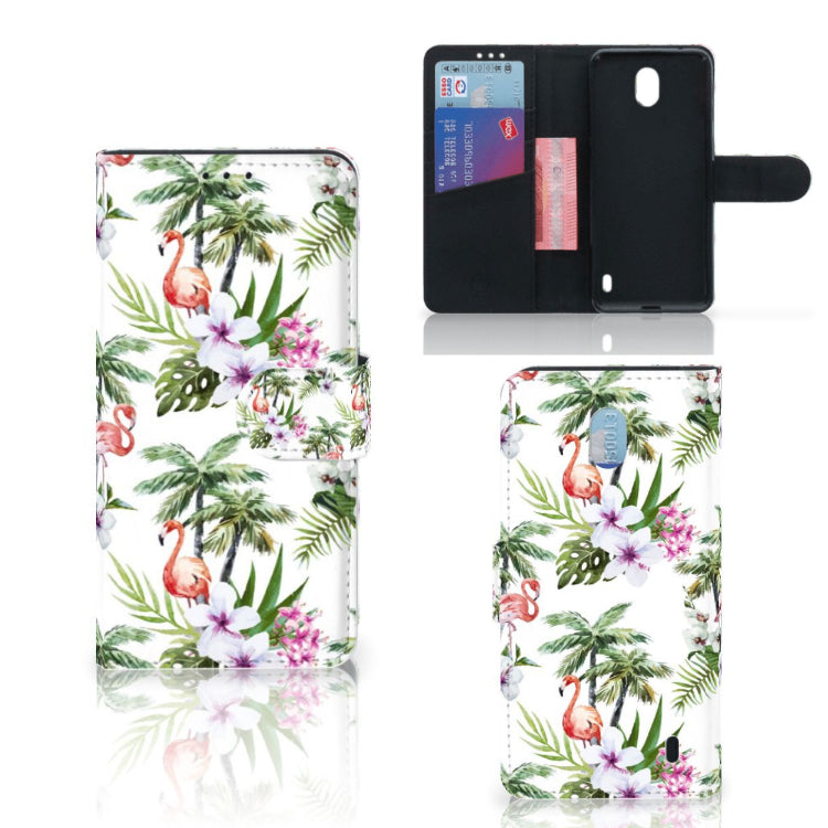 Nokia 1 Plus Telefoonhoesje met Pasjes Flamingo Palms