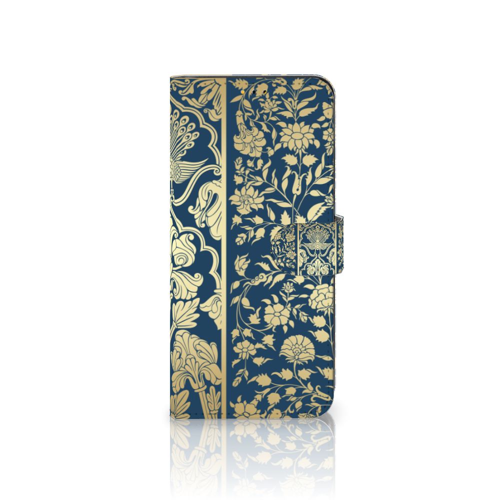 Samsung Galaxy A14 5G Hoesje Beige Flowers met luxe design van beige bloemen op donkerblauwe achtergrond.