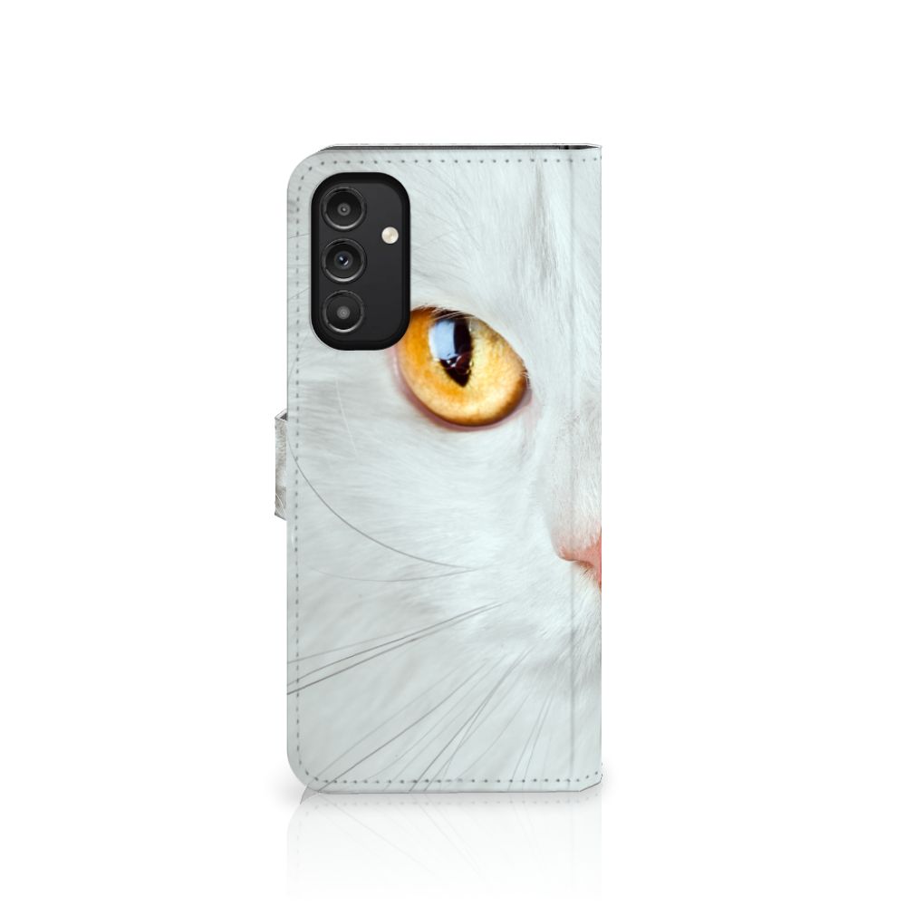 Samsung Galaxy A14 5G Telefoonhoesje met Pasjes Witte Kat met unieke kat met verschillende oogkleur