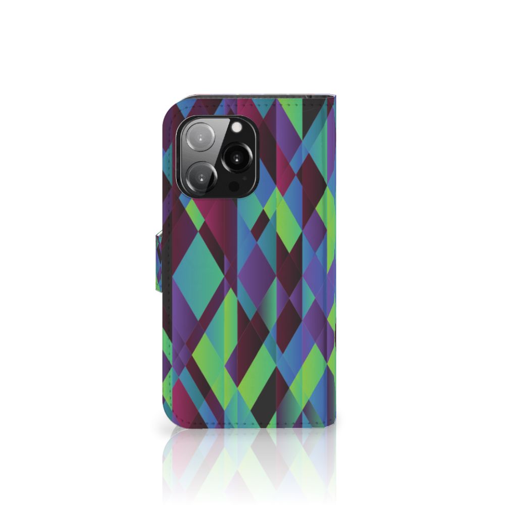 iPhone 13 Pro Book Case Abstract Green Blue met kleurrijk geometrisch patroon in groen, blauw, paars, en meer 🎨.