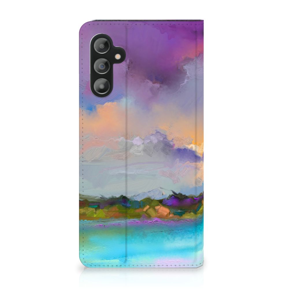 Bookcase Samsung Galaxy A14 4G Boat met abstract ontwerp in blauwtinten en paars.