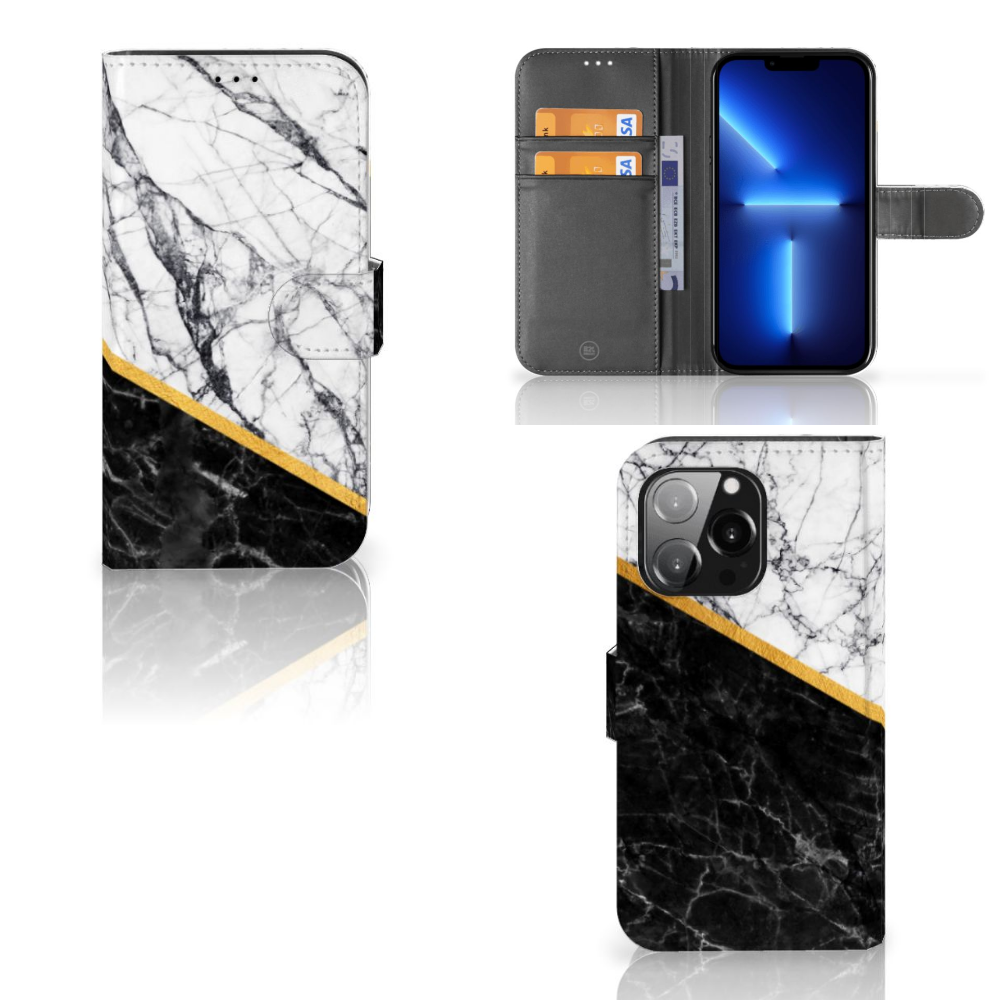 iPhone 13 Pro Bookcase Marmer Wit Zwart - Origineel Cadeau Man met luxe marmer design en gouden scheidingslijn.