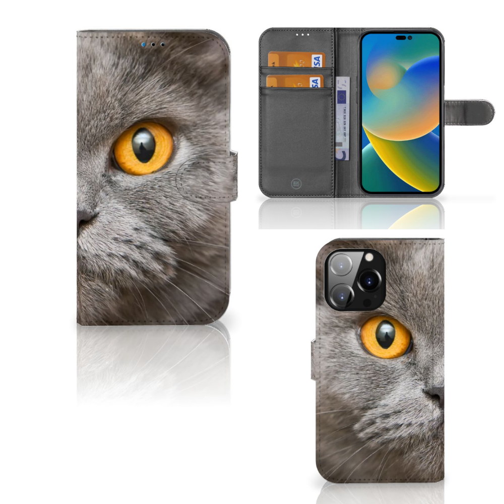 Telefoonhoesje met Pasjes iPhone 14 Pro Max Britse Korthaar met opvallend kattenoog detail