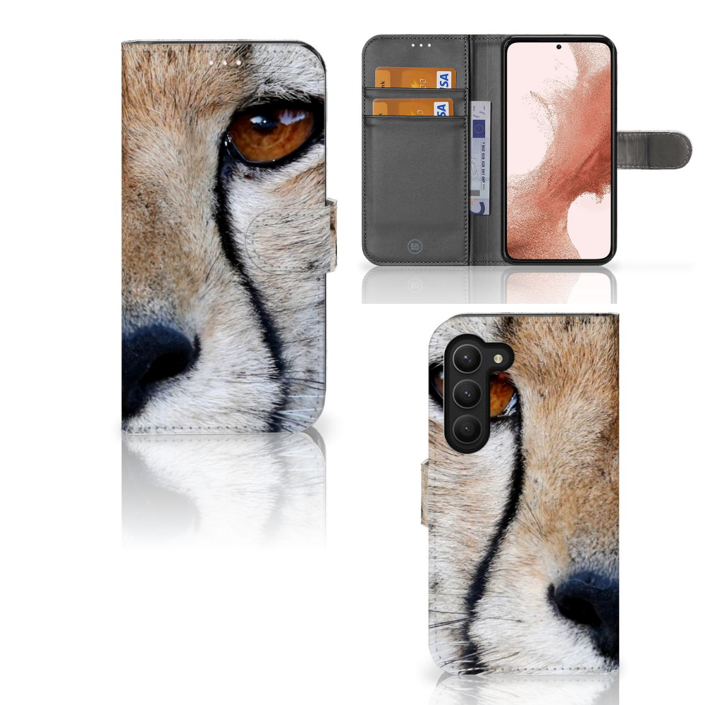 Samsung Galaxy S23 Telefoonhoesje met Pasjes Cheetah met close-up van cheeta oog en pasjeshouder