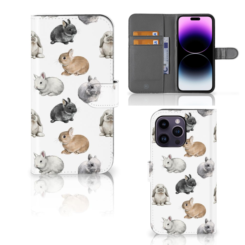 Telefoonhoesje met Pasjes voor iPhone 15 Pro Max Konijntjes met schattige konijnenillustraties 🐰.